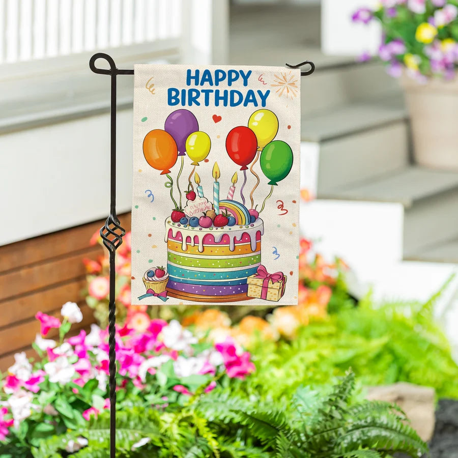 Evergren Happy Birthday Party Cake Burlap Garden Flag