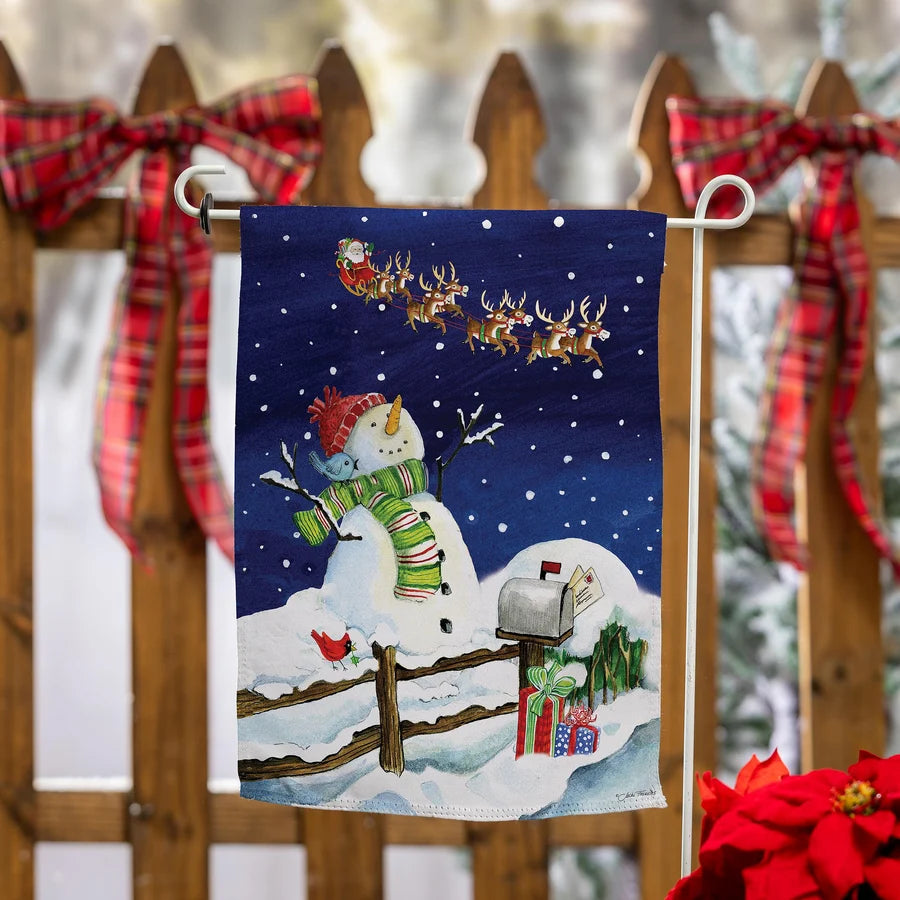 Evergreen Santa & Snowman Suede Garden Flag