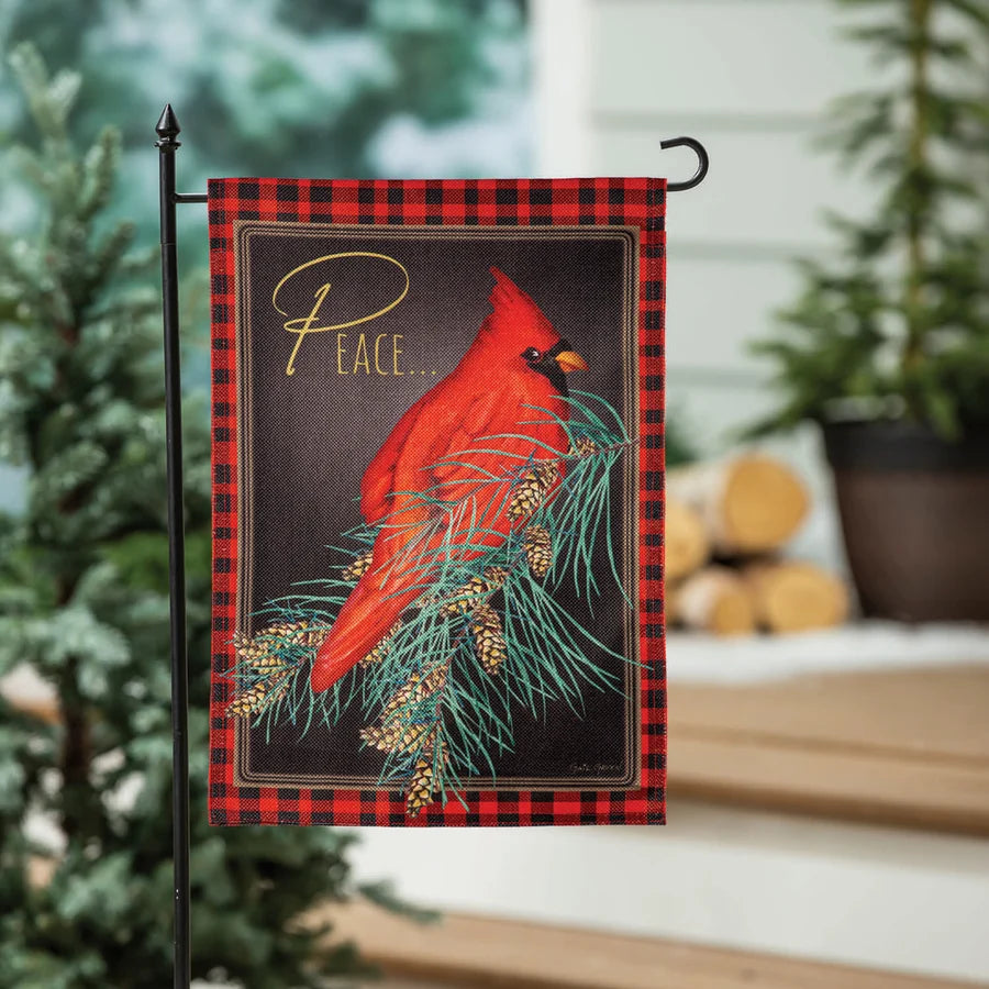Evergreen Cardinal Peace Burlap Garden Flag