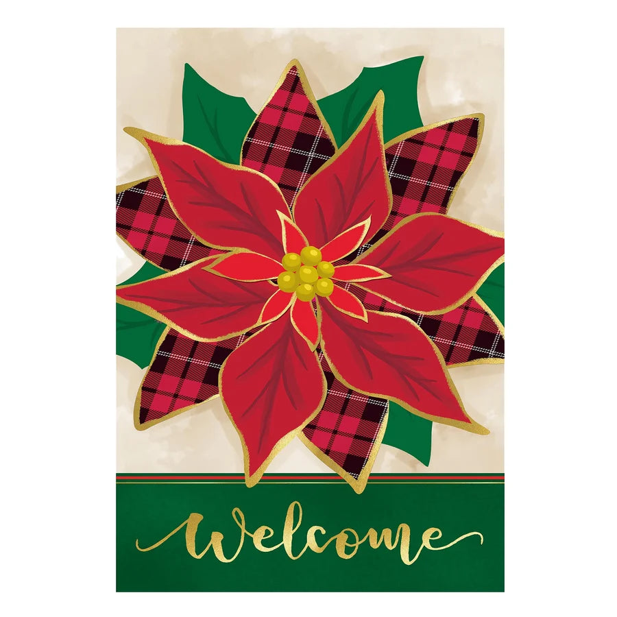 Evergreen Welcome Poinsettia Applique Garden Flag