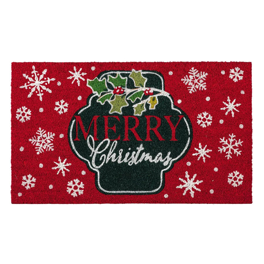 Evergreen Merry Christmas Floral Pattern Coir Mat
