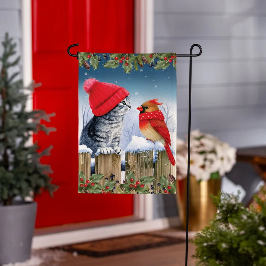 Evergreen Kitten & Cardinal Winter Friends Burlap Flag