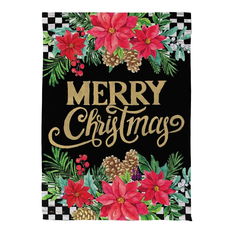 Evergreen Floral Checkered Merry Christmas Suede Garden Flag