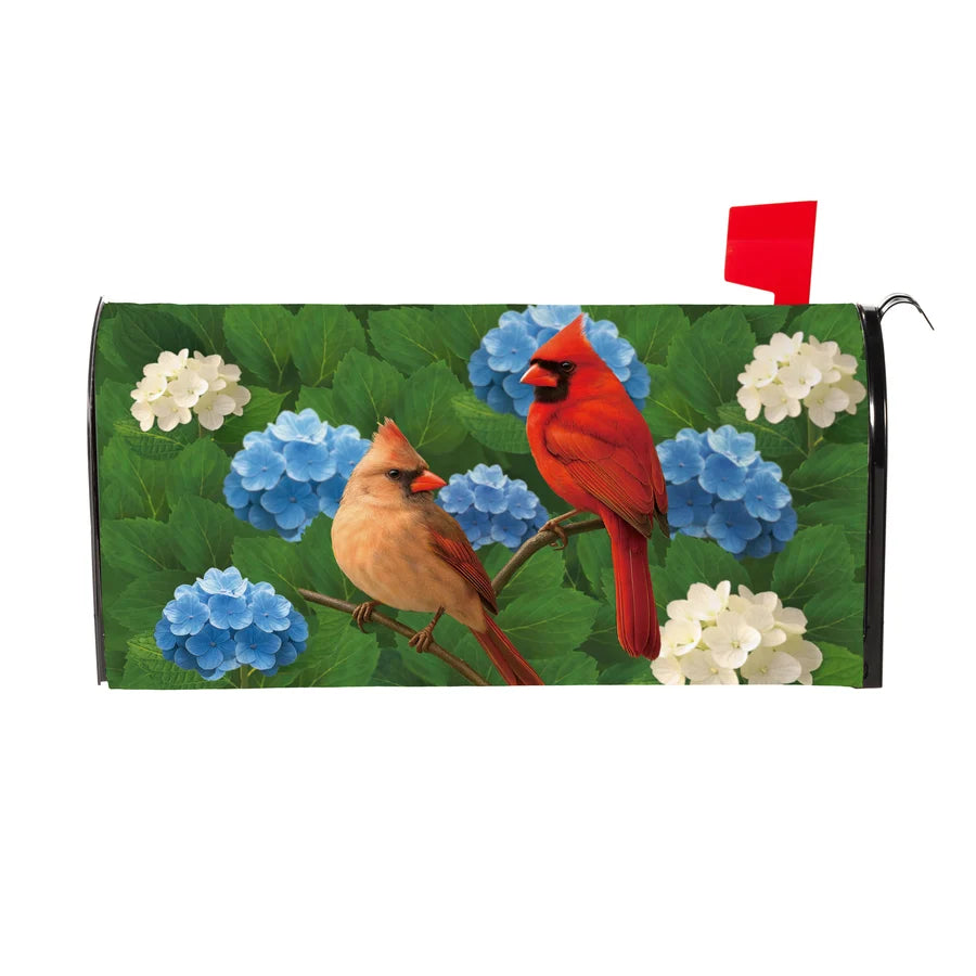 Evergreen Cardinal Couple Among Hydrangea Mailbox Cover
