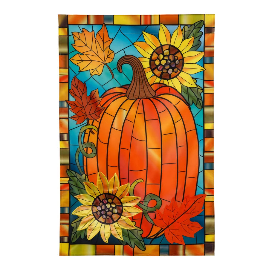 Evergreen Fall Pumpkin Stained Glass Applique Flag