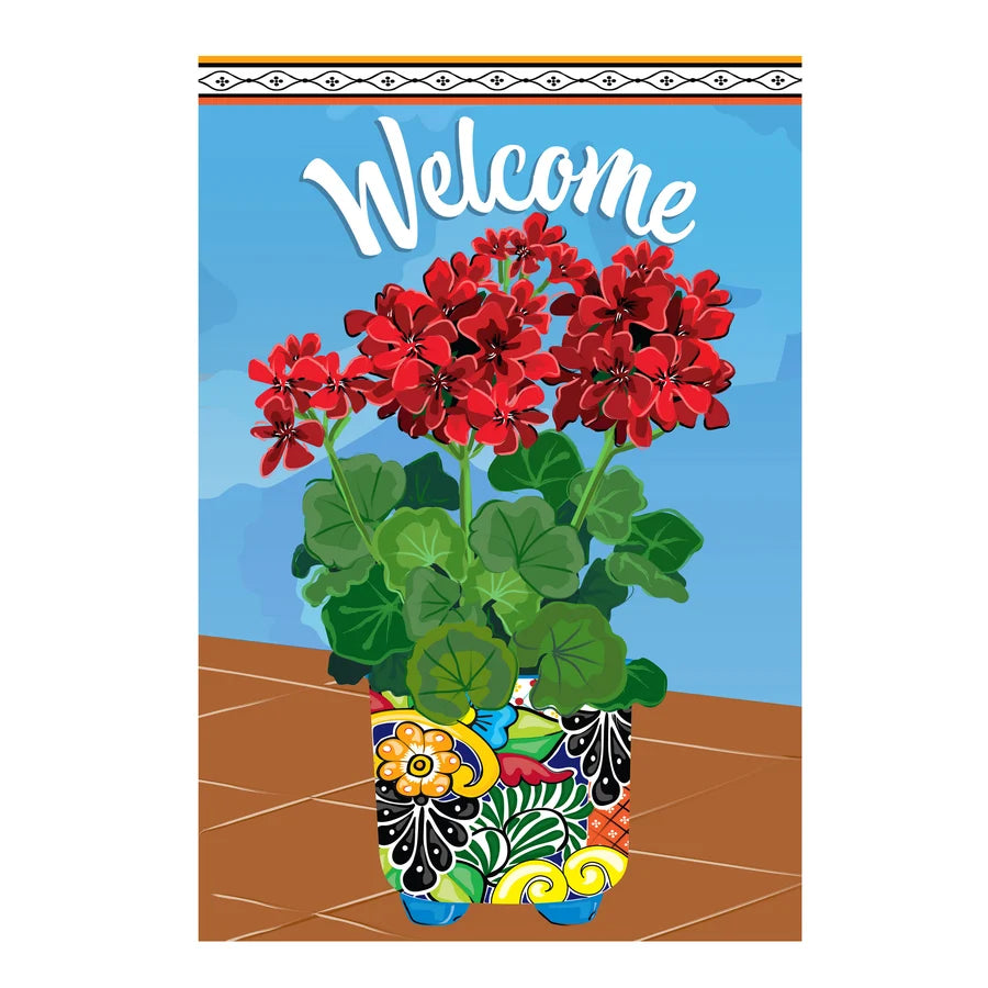 Evergreen Mexican Pottery With Geraniums Applique Garden Flag