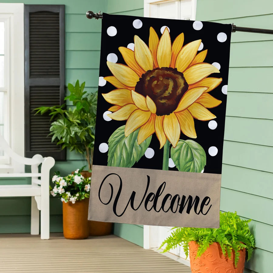 Evergreen Polka Dot Sunflower Burlap House Flag