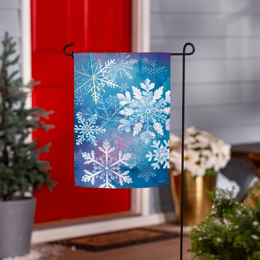 Evergreen Snowflake Dance Suede Garden Flag