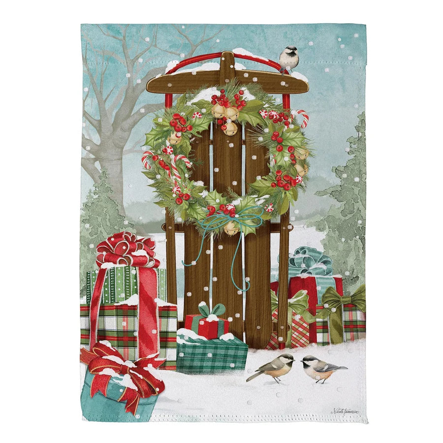 Evergreen Christmas Sled Suede Garden Flag