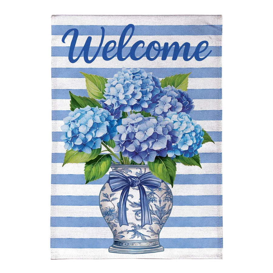 Evergreen Hydrangea Vase Burlap Garden Flag