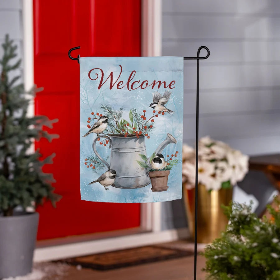 Evergreen Snowbirds Chickadee Watering Can Suede Flag