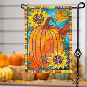 Evergreen Fall Pumpkin Stained Glass Applique Flag