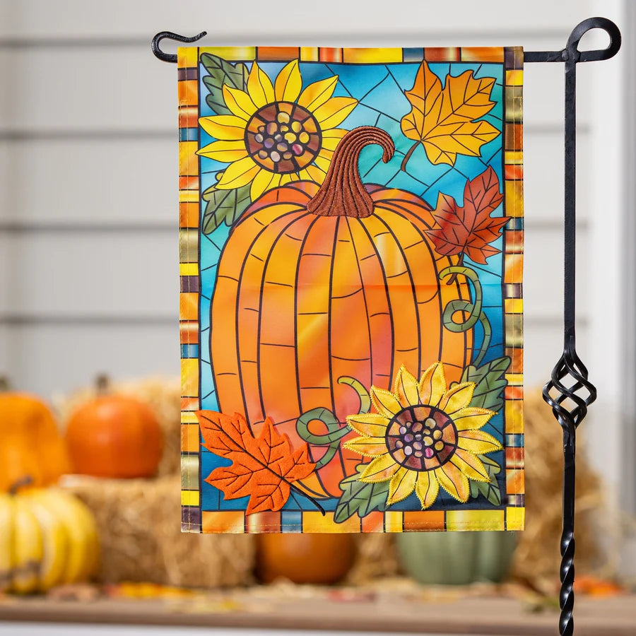 Evergreen Fall Pumpkin Stained Glass Applique Flag