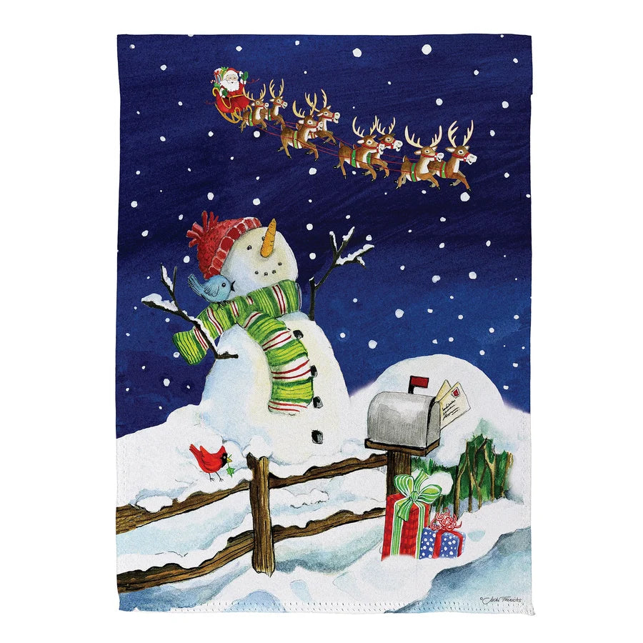 Evergreen Santa & Snowman Suede Garden Flag