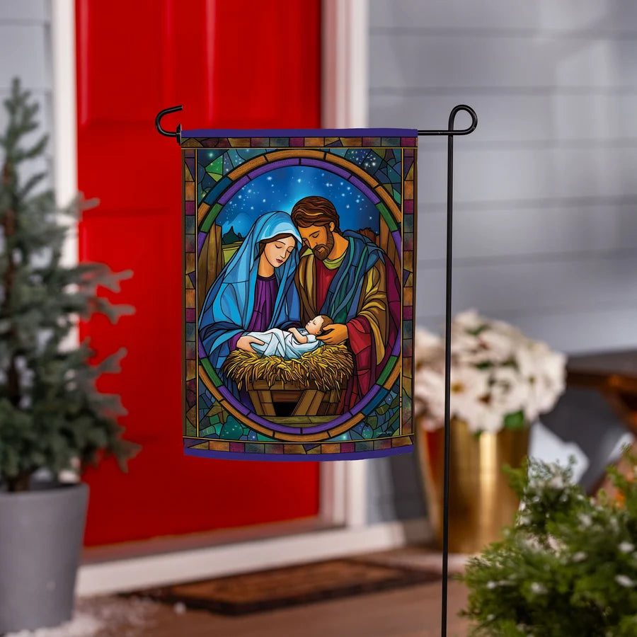 Evergreen Stained Glass Holy Night Suede Garden Flag