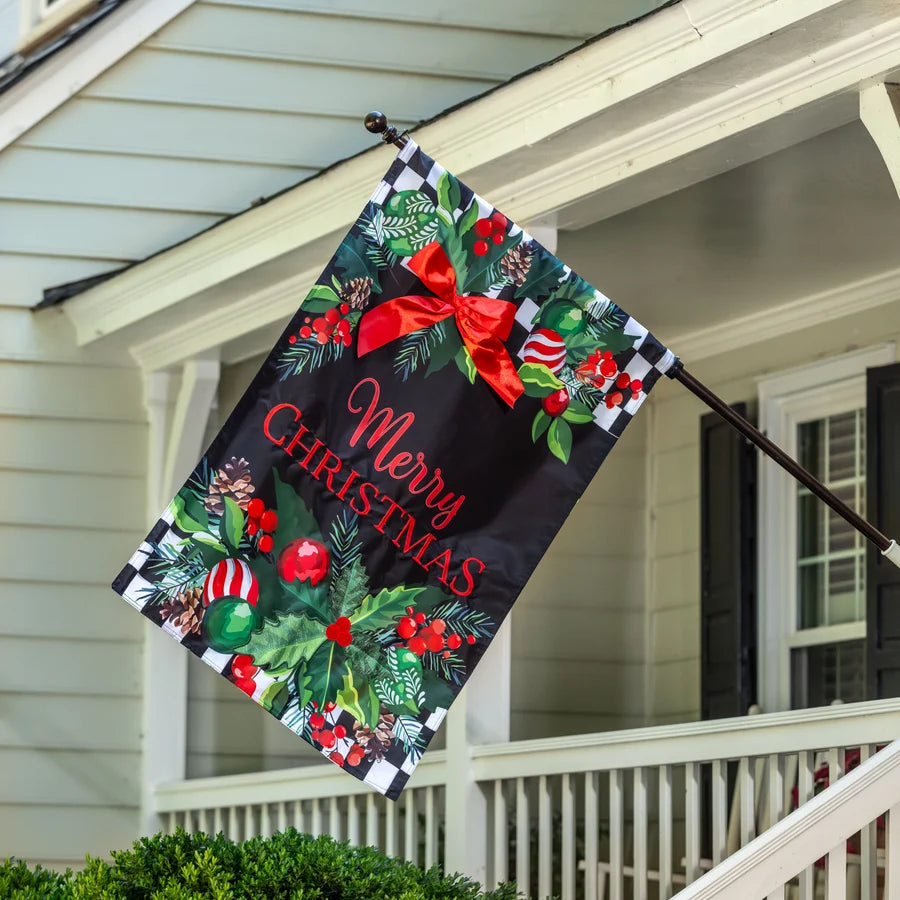 Evergreen Floral Checkered Merry Christmas Applique House Flag
