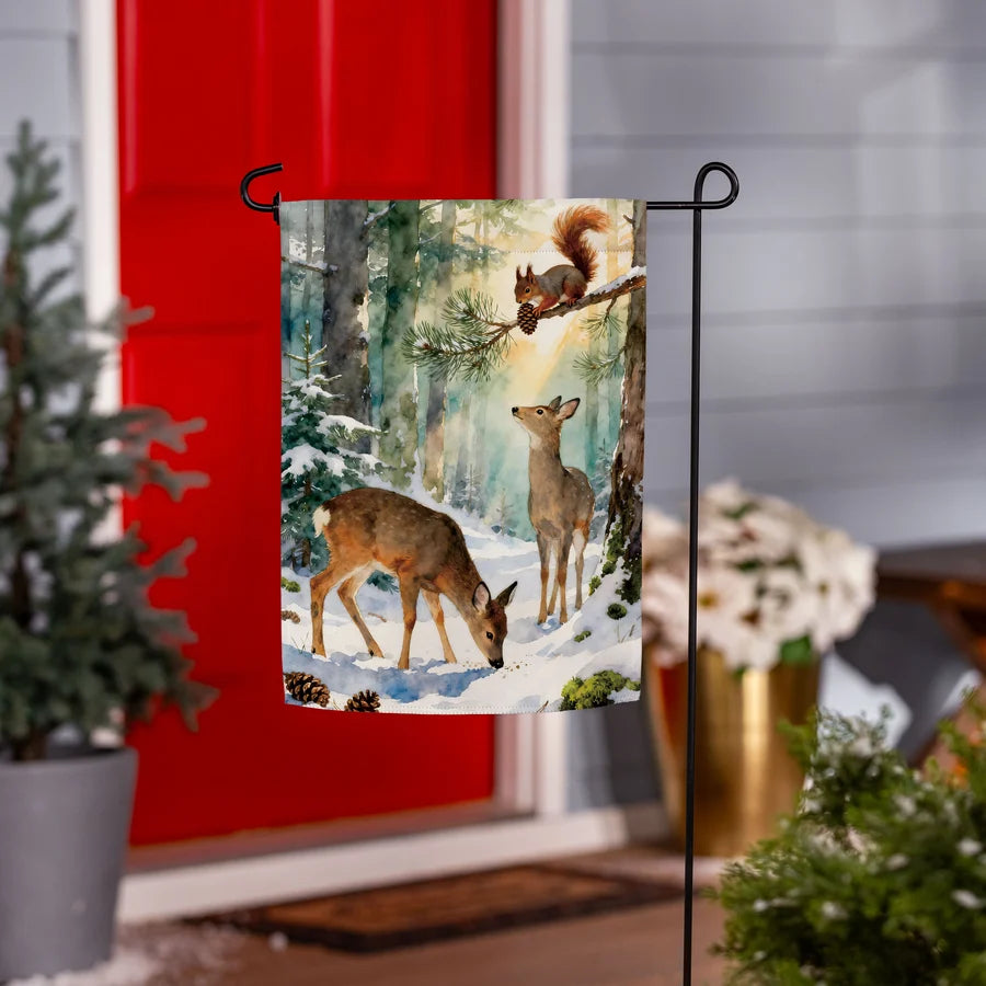 Evergreen Winter Forest Friends Suede Garden Flag