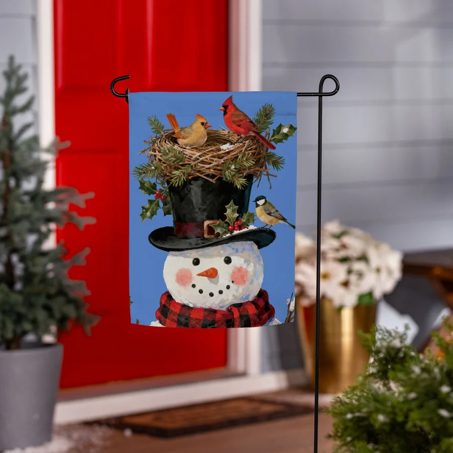 Evergreen Snowman Bird Nest Suede Garden Flag