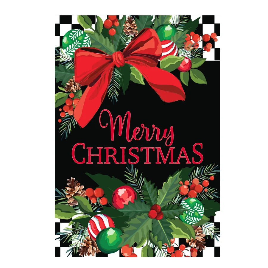 Evergreen Floral Checkered Merry Christmas Applique House Flag