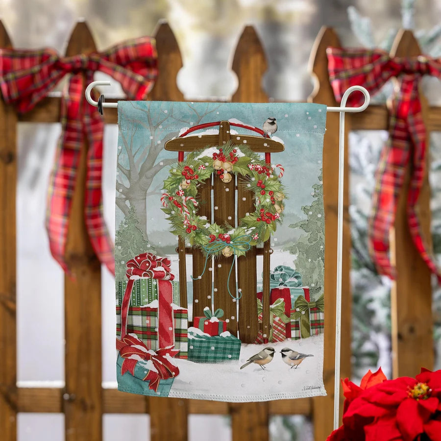 Evergreen Christmas Sled Suede Garden Flag