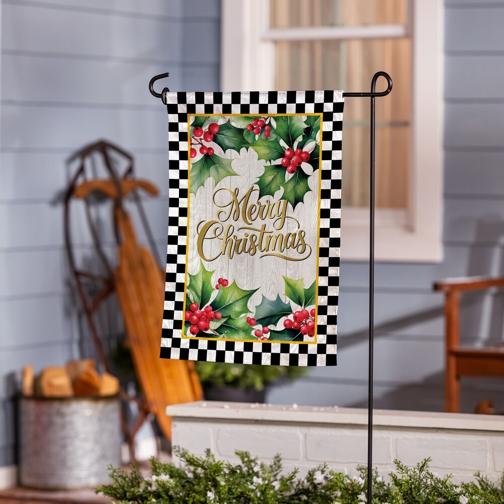 Evergreen Merry Christmas Holly Moire Garden Flag