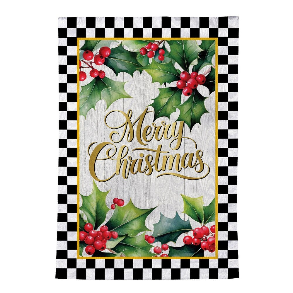 Evergreen Merry Christmas Holly Moire Garden Flag