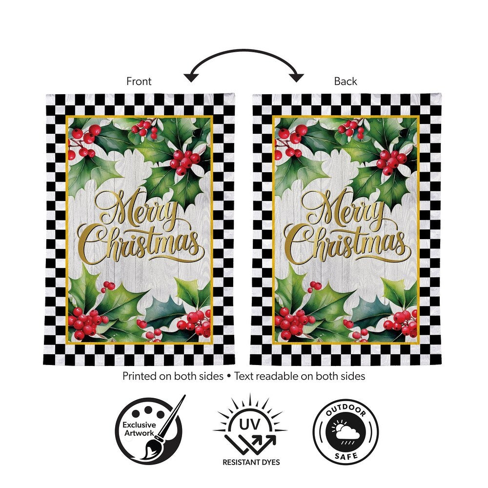 Evergreen Merry Christmas Holly Moire Garden Flag