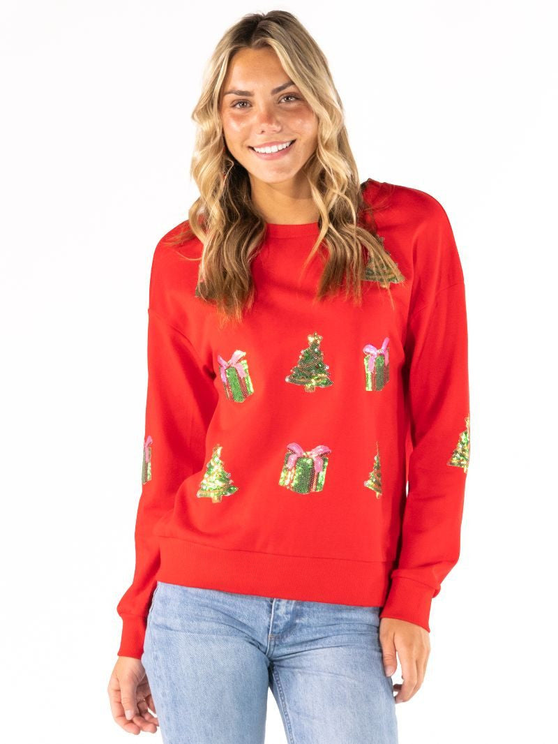 Simply Southern Women's Glistening Applique Crew - Holiday Red