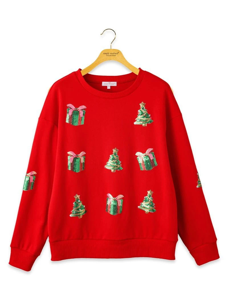 Simply Southern Women's Glistening Applique Crew - Holiday Red