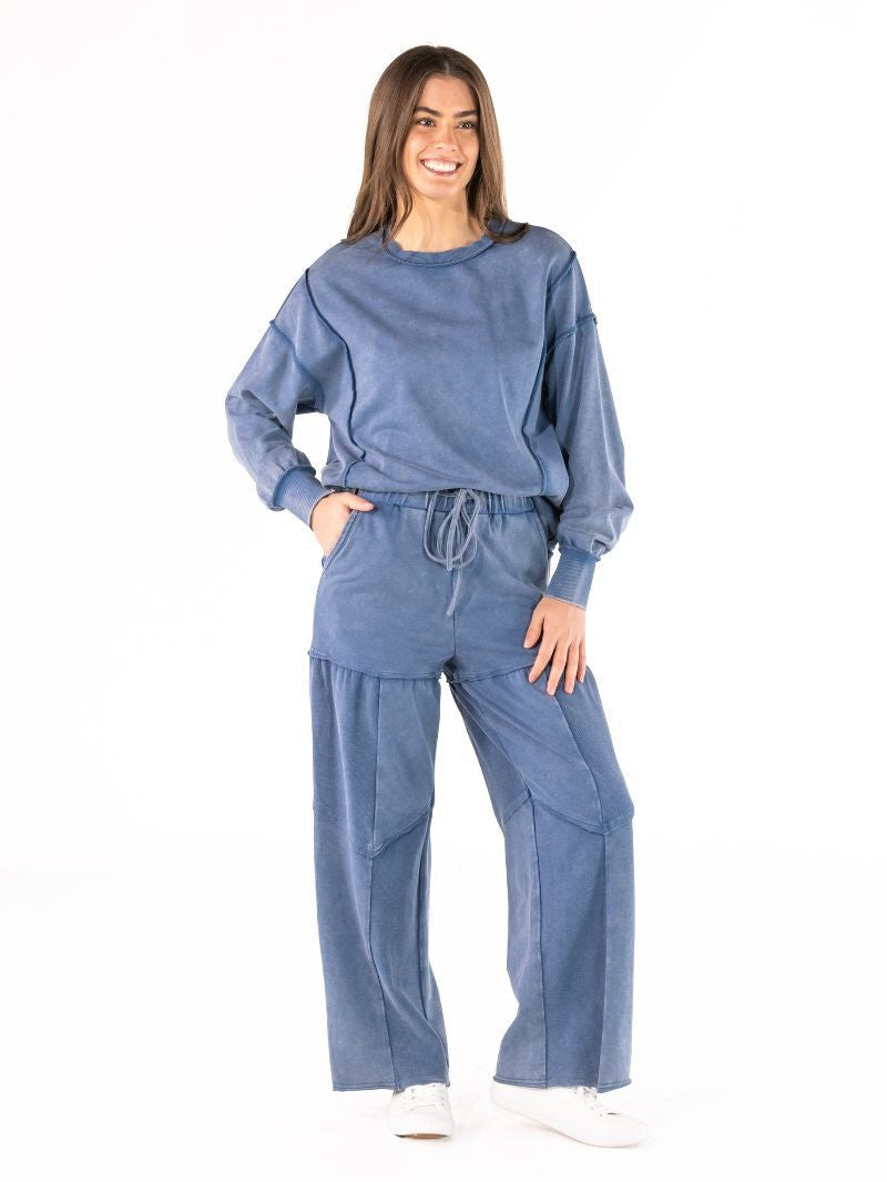 Simply Southern Women's Mineral Wash Wide Leg Pant - Blue