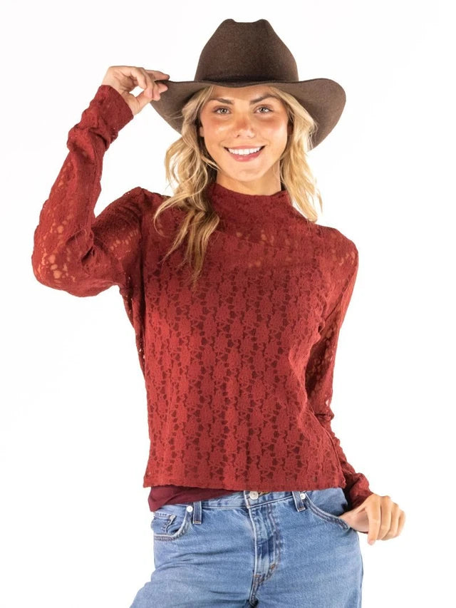 Simply Southern Women's Lace Turtleneck Top - Maroon