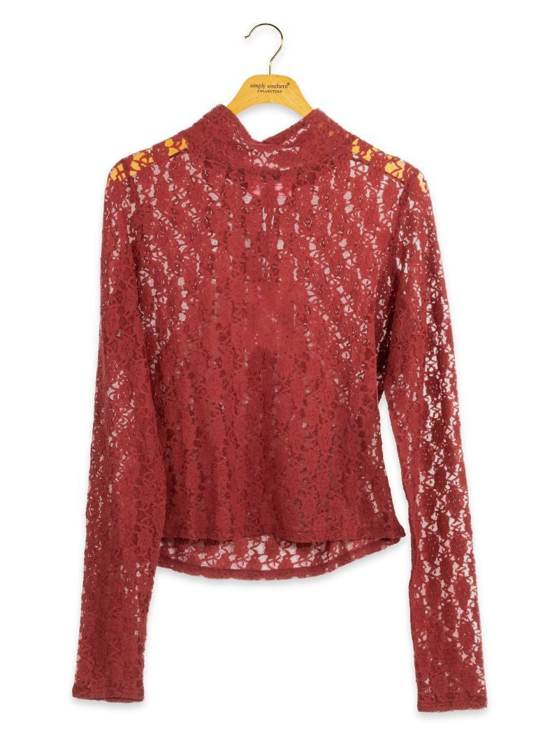 Simply Southern Women's Lace Turtleneck Top - Maroon