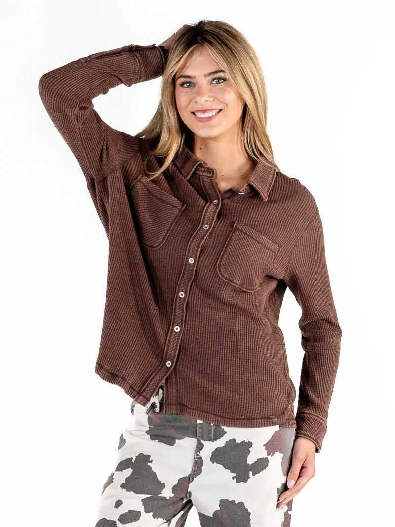 Simply Southern Women's Great Lakes Waffle Shirt - Cocoa
