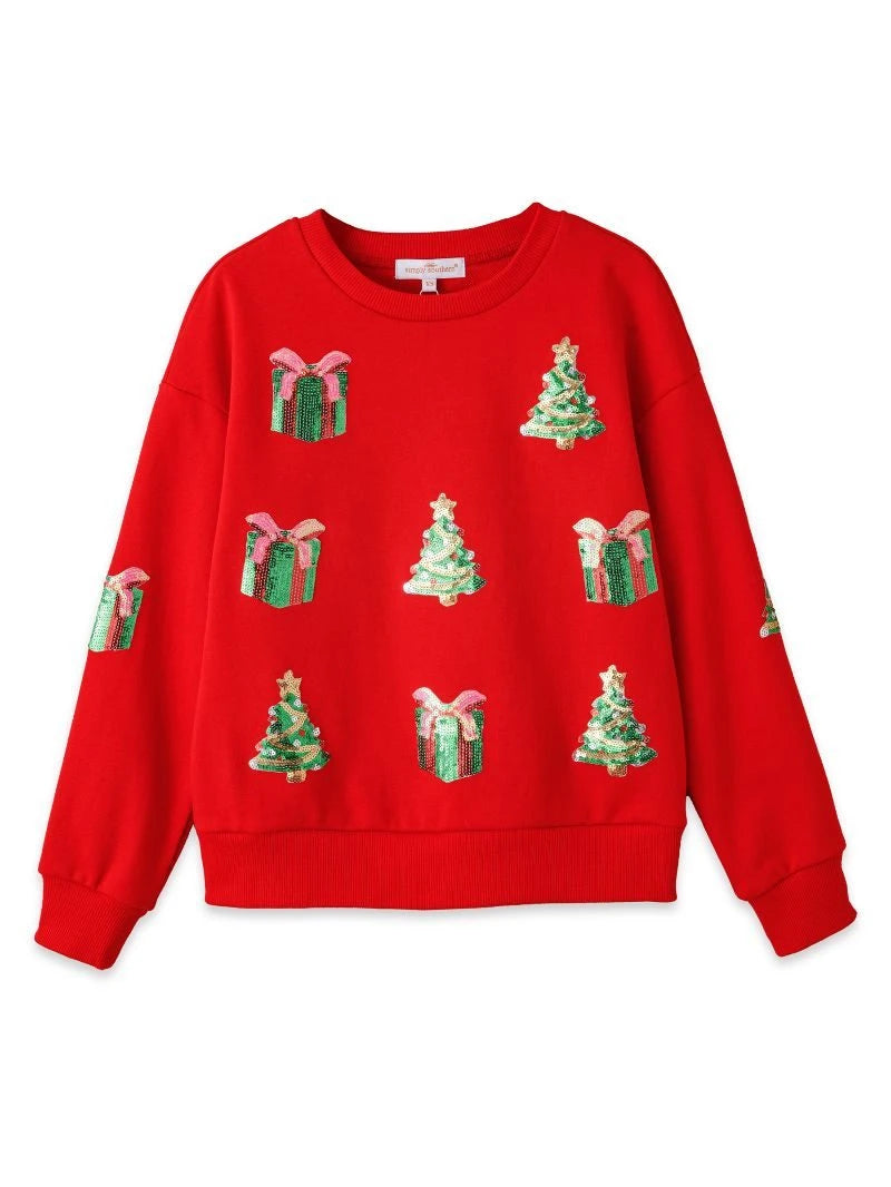 Simply Southern Youth Glistening Applique Crew - Holiday Red