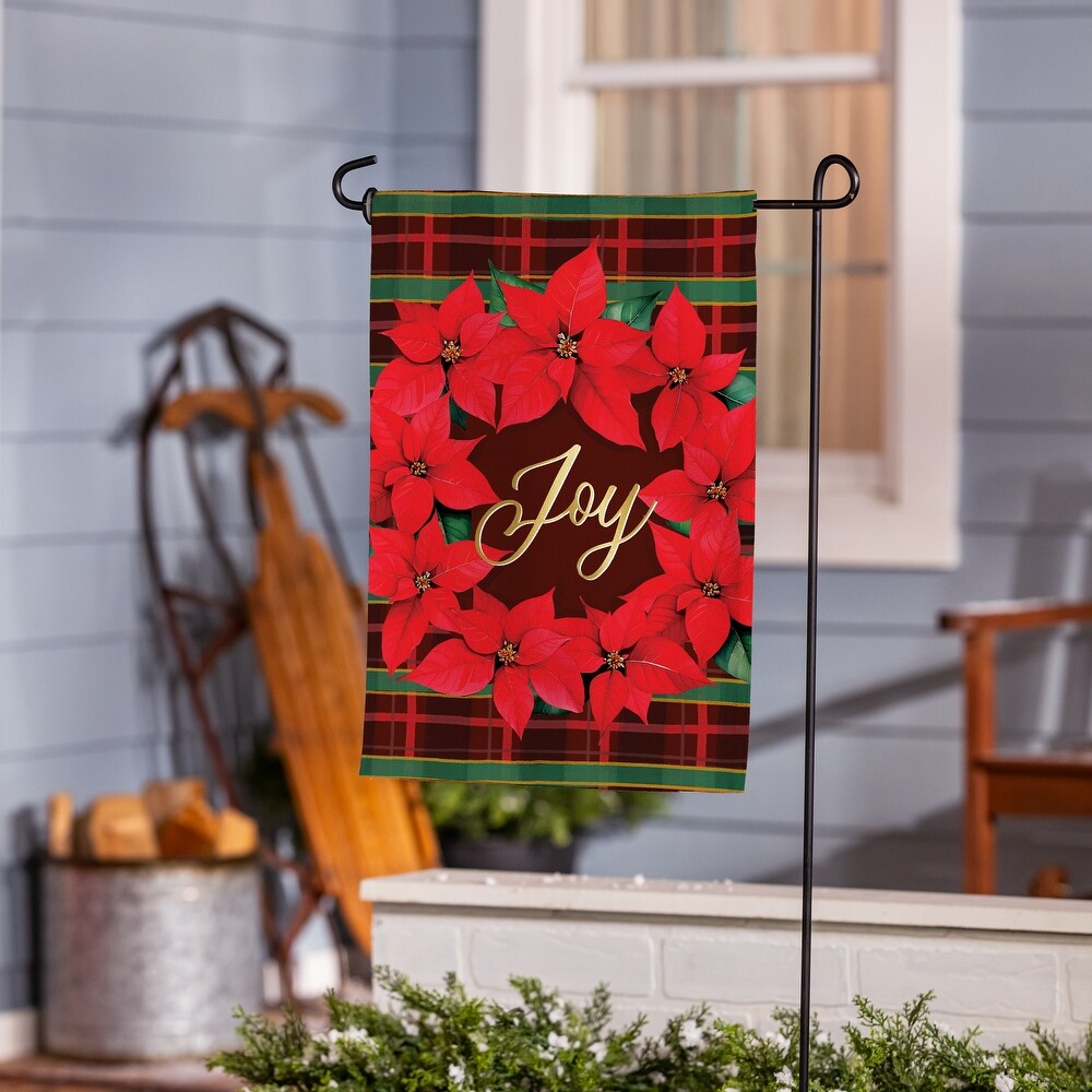 Evergreen Plaid Joy Wreath Suede Garden Flag