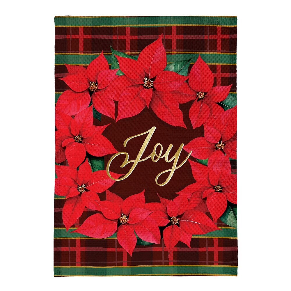 Evergreen Plaid Joy Wreath Suede Garden Flag