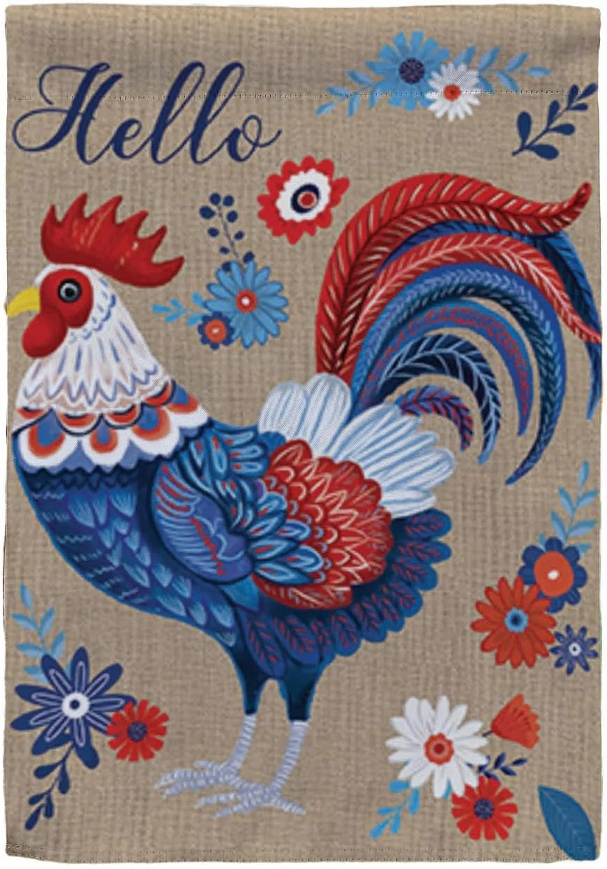 Evergreen Red White & Blue Rooster Garden Flag