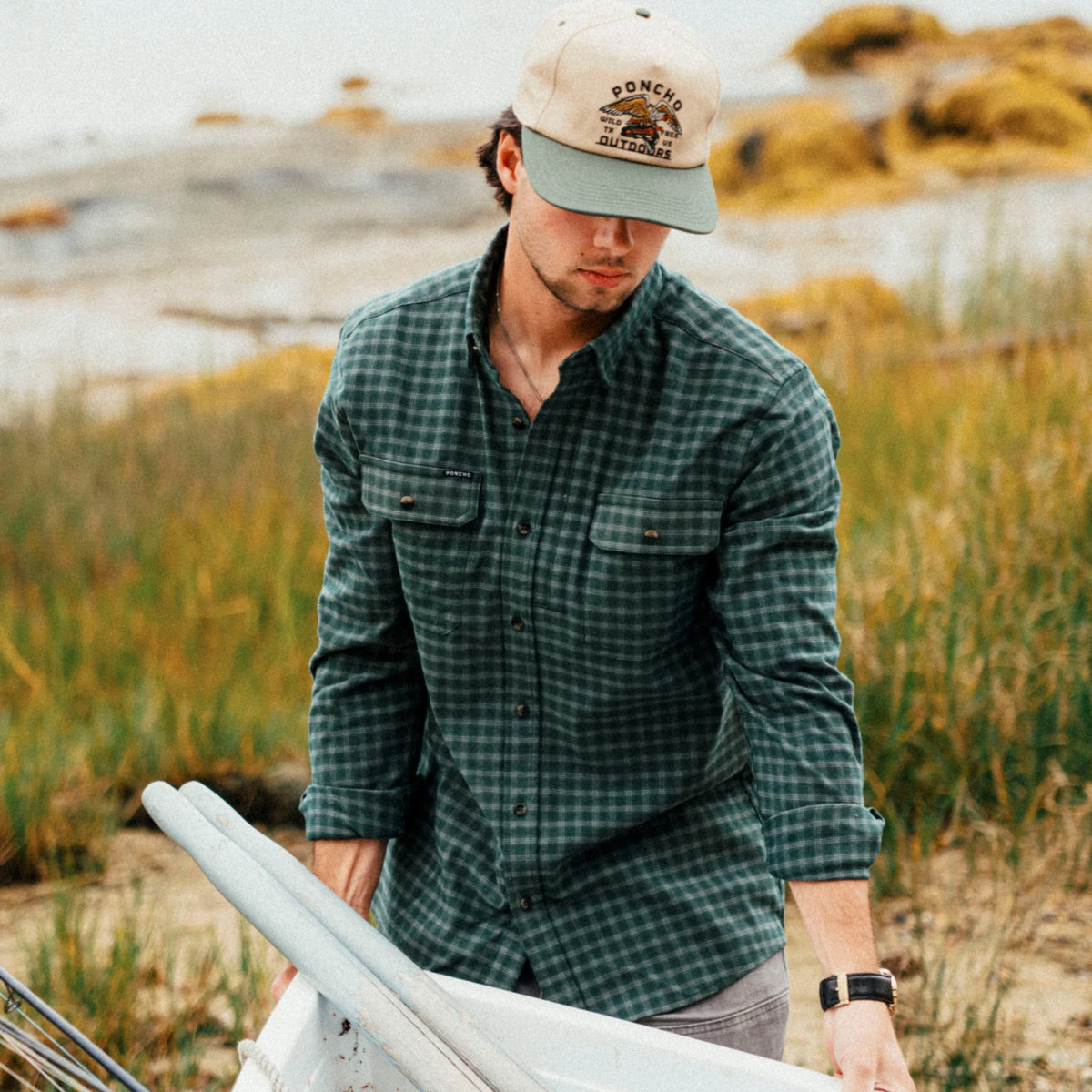 Poncho Men's The Acadia Flannel - Teal & White Plaid