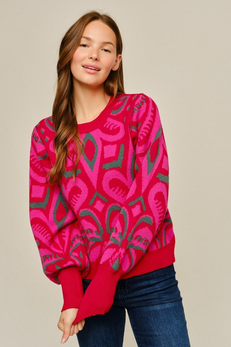 Jodifl Women's Abstract Pattern Warm & Cozy Sweater - Red Mix