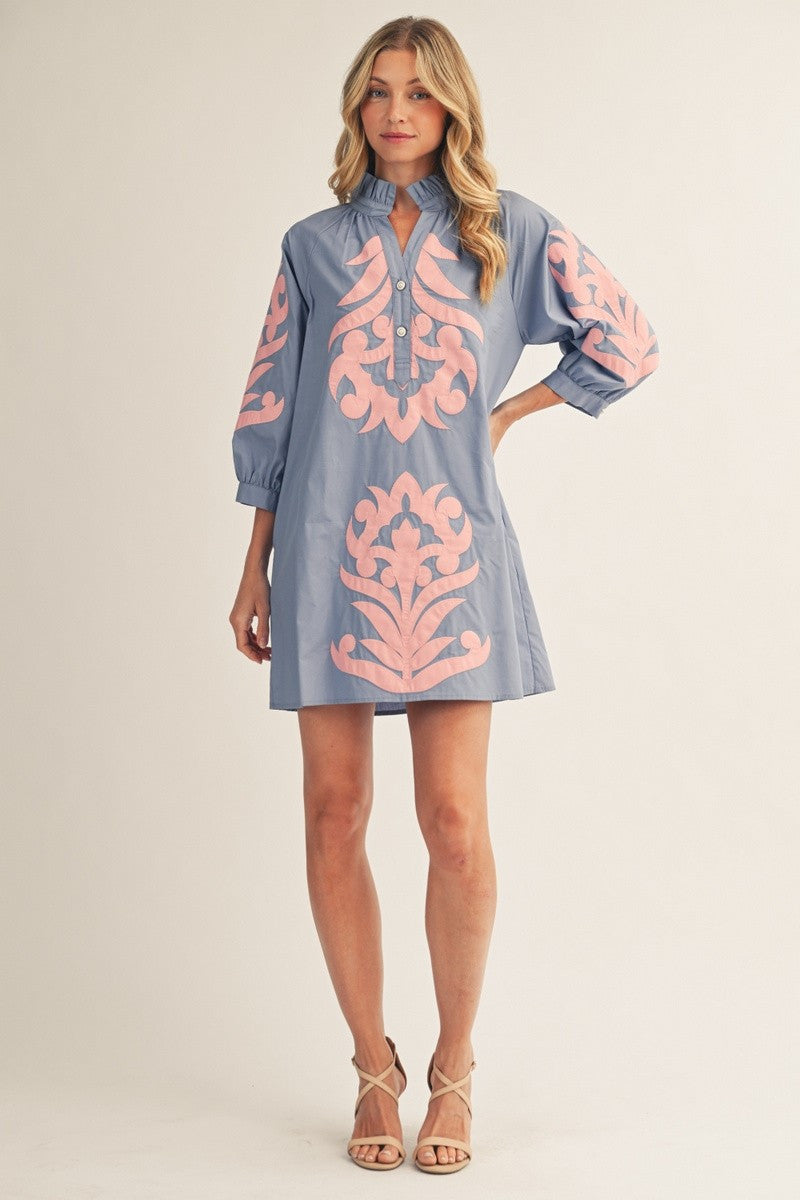 Jodifl Women's Cornflower & Pink Baroque Floral Applique Shift Dress
