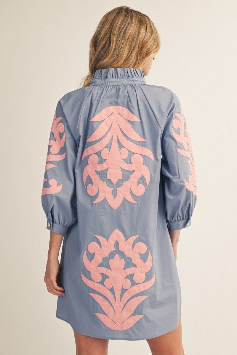 Jodifl Women's Cornflower & Pink Baroque Floral Applique Shift Dress