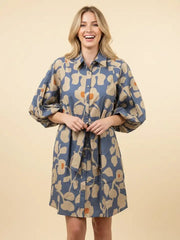 Heimish Women's Botanical Print Puff Sleeve Belted Mini Shirt Dress - Teal