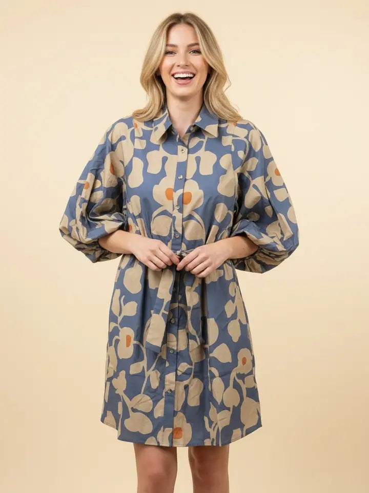Heimish Women's Botanical Print Puff Sleeve Belted Mini Shirt Dress - Teal