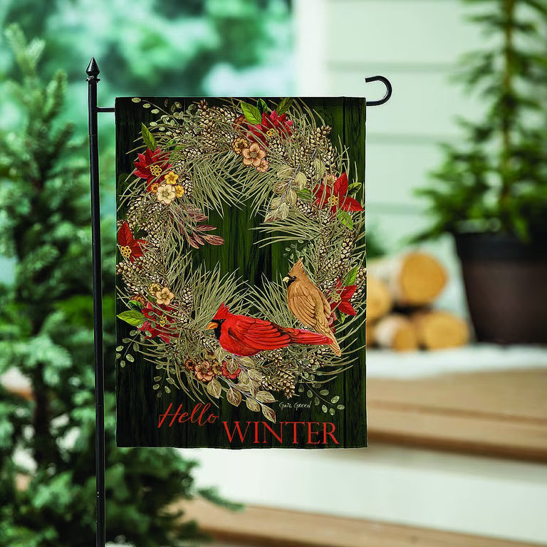 Evergreen Hello Winter Moire Garden Flag