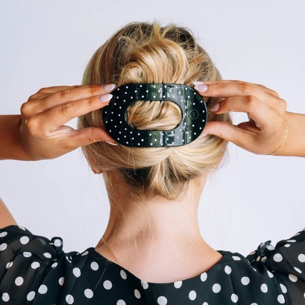 Teleties Black Polka Dot Party Large Flat Round Hair Clip