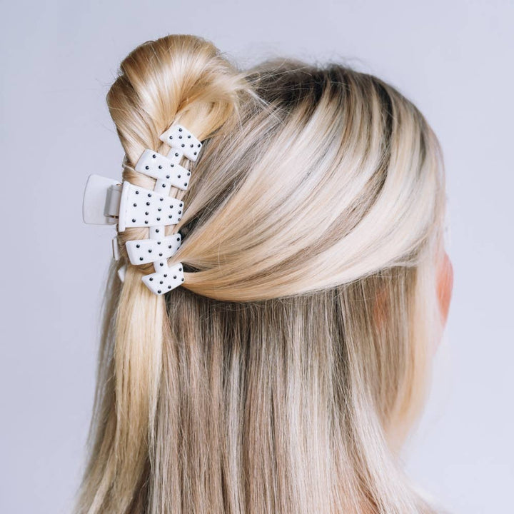 Teleties Medium Claw Clip - Classic White Polka Dot Party