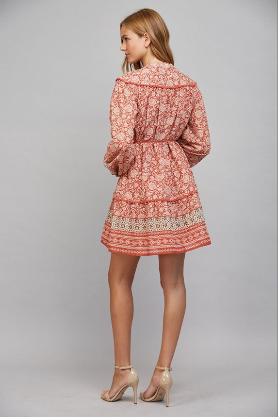 Fate Women's Floral Print Tie Waist Dress - Rust