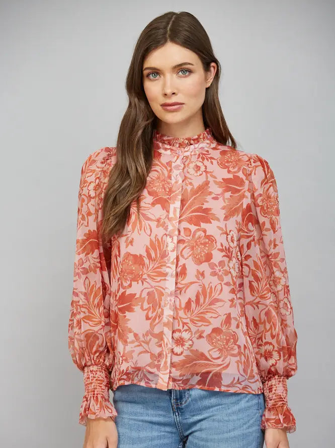 Fate Women's Floral Print Silky Button-Down Blouse - Soft Peach