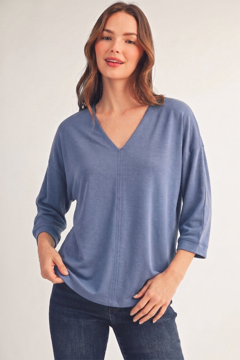 Jodifl Women's Soft Textured V Neck Top - Denim