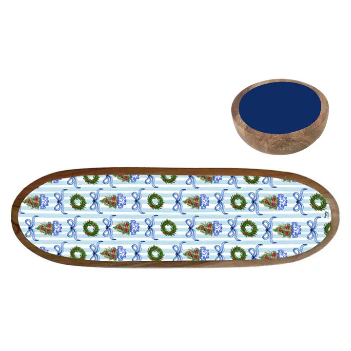 Happy By Rachel Blue Christmas Tray and Bowl Set